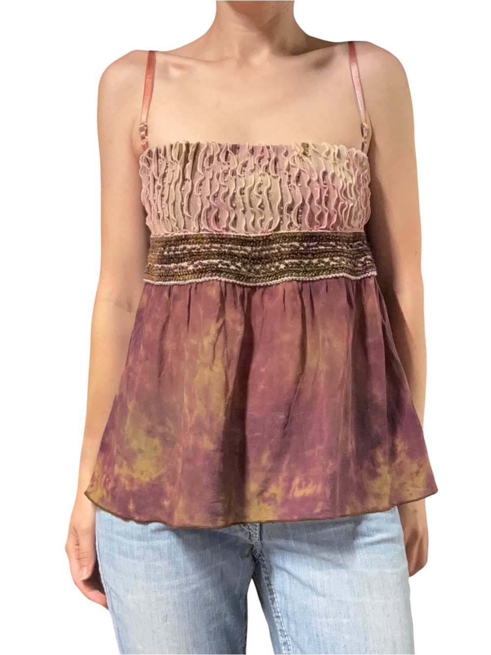 Mezon | Vintage Y2K Tie Dye Beaded Ruffle Babydoll Tank Top Cami